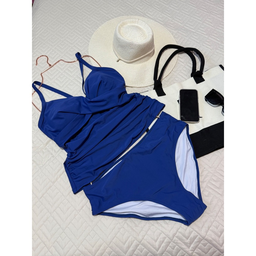 B2prity Women's Ruched Tankini‎ Suimsuits V Neck Wrap Tie Back Two Blue size XL - Picture 6 of 12